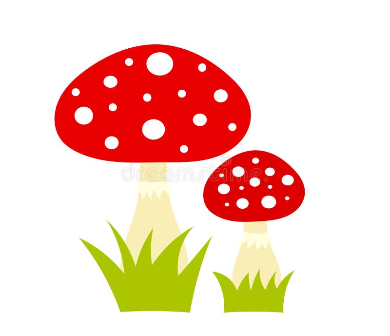 Two red toadstool mushrooms cartoon drawing isolated on white background