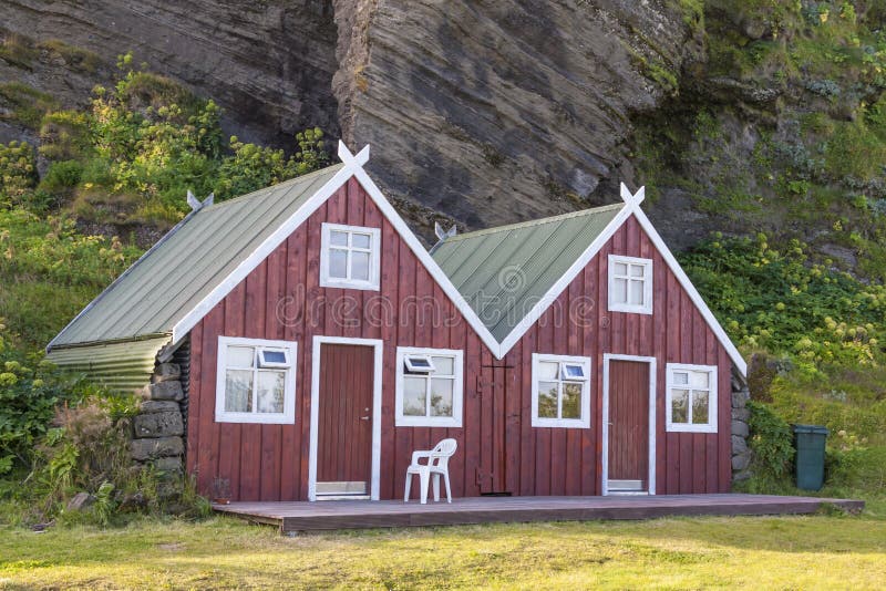 Two Red Wooden Cottage Vik, Iceland. Stock Photo Image of nordic