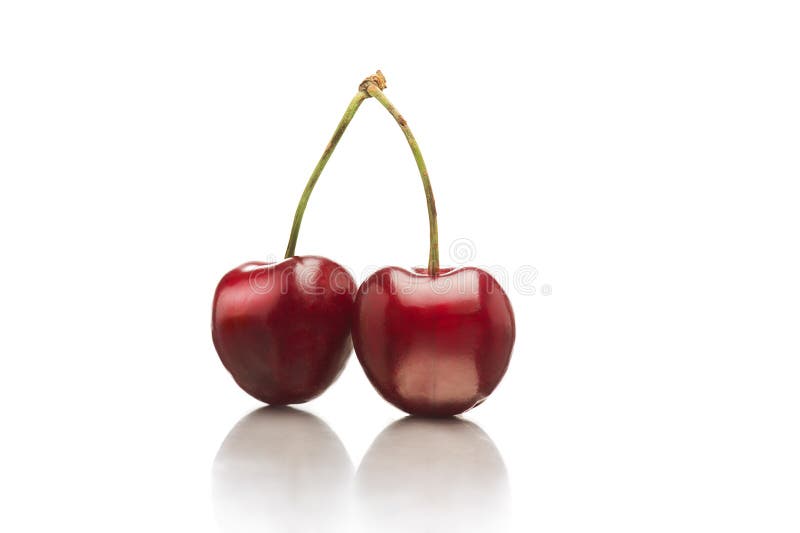 Two Ripe Red Shiny Cherries Connected Stems Stock Photos - Free ...