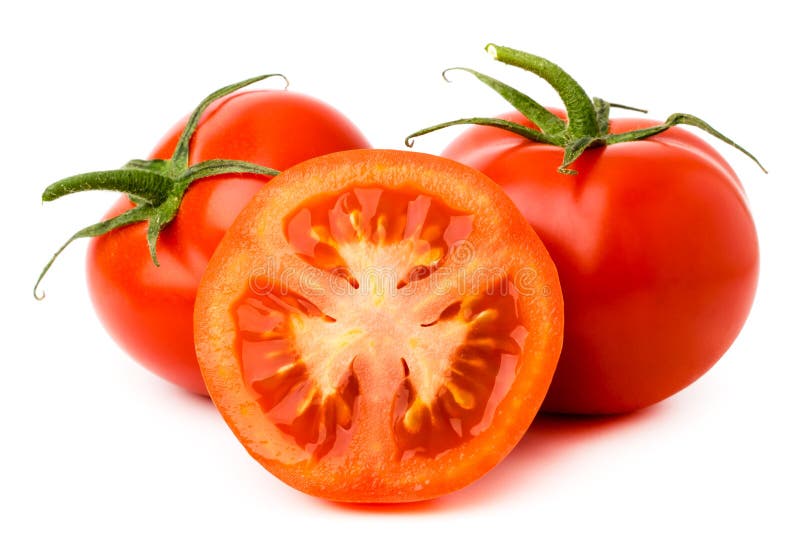 Two Ripe Tomatoes and Half on a White, Close Up. Stock Image Image of