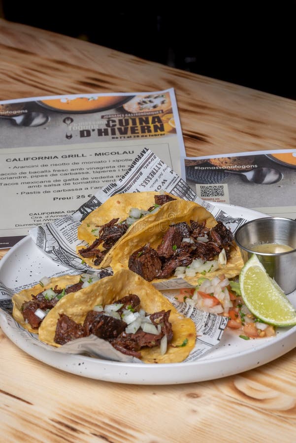 Two Roast Beef Tacos with Coriander and Onion in Corn Tortillas Editorial Stock Photo Image of