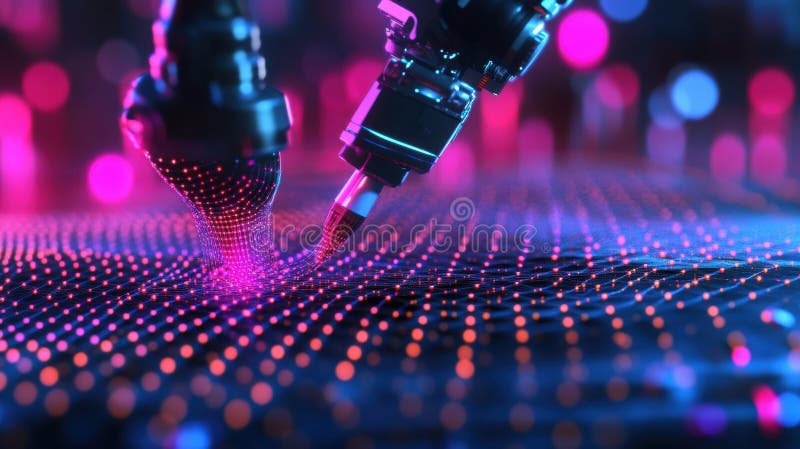 Robotic arms creating glowing mesh in innovative manufacturing process stock illustration