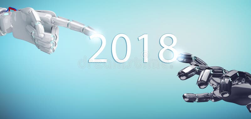 Two robotic hand touch date of new year 2018. royalty free illustration Two robotic hand touch date of new year 2018. royalty free illustration
