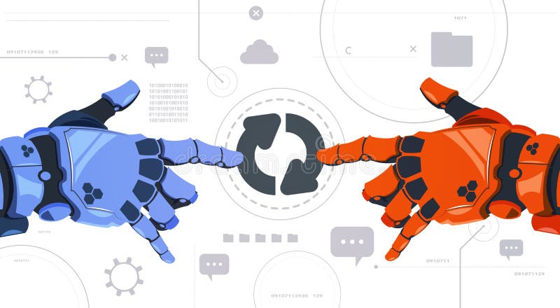 Two Robotic Hands Touch Updating Button On Digital Screen Abstract Modern Technology Background vector illustration Two Robotic Hands Touch Updating Button On Digital Screen Abstract Modern Technology Background vector illustration