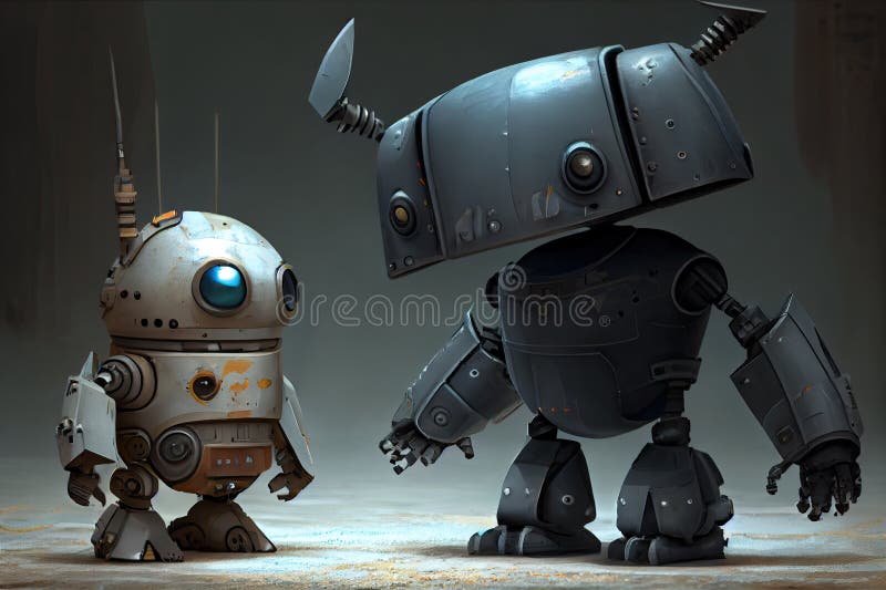 Two robots, one with a mischievous smile and the other with an intimidating scowl, preparing for battle stock illustration