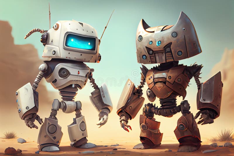 Two robots, one with a mischievous smile and the other with an intimidating scowl, preparing for battle vector illustration
