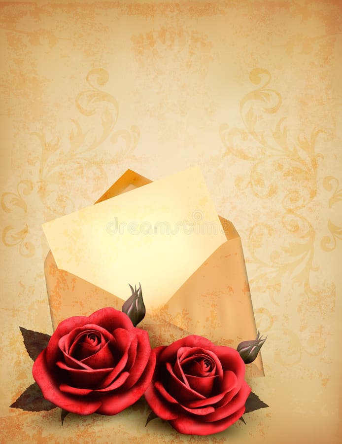 Two roses in front of an old envelope with a lette