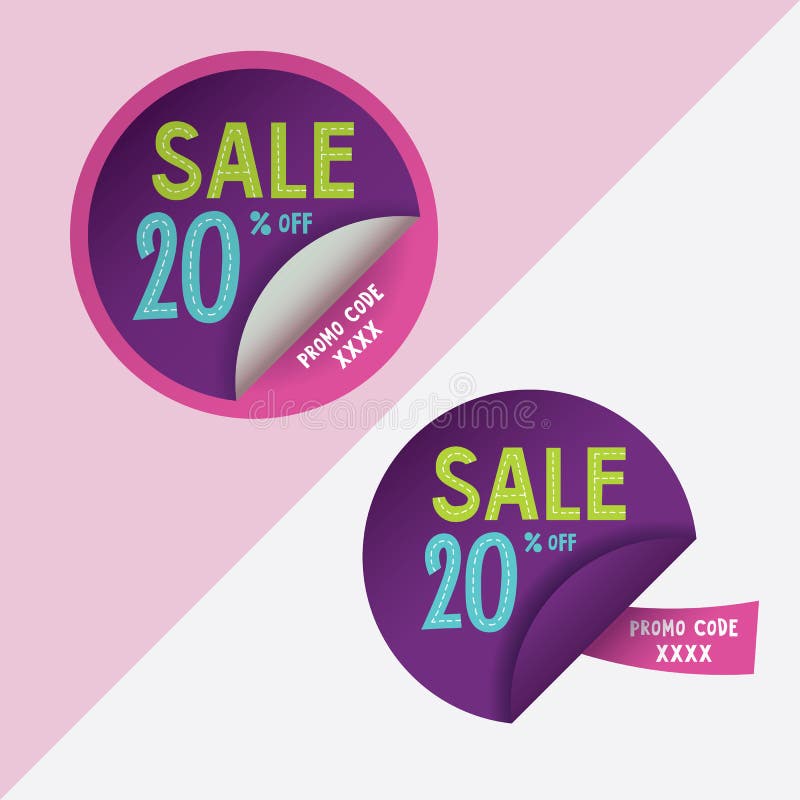 Two round stickers with 20% discount and promo code for web site