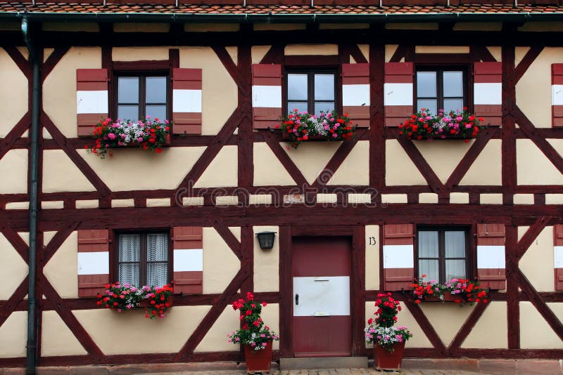 Two rows of windows with flower decoration in Nuremberg