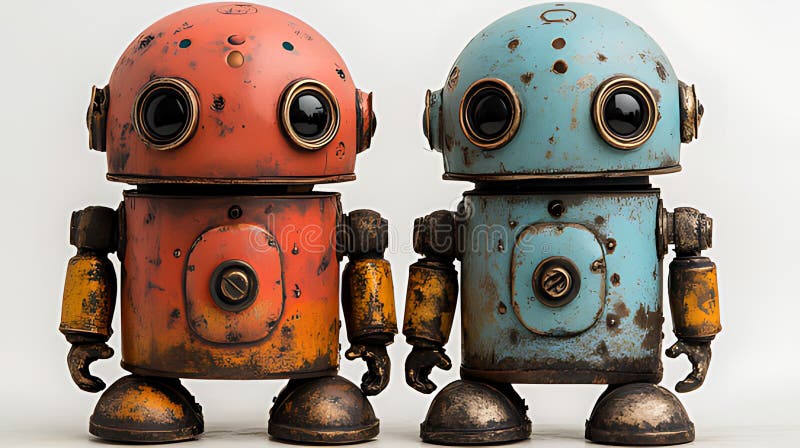 Two rusty retro robots studio shot, white background, toy collectible royalty free illustration