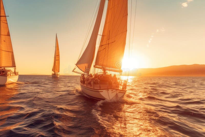 Two Sailboats Sailing in the Ocean at Sunset. Generative AI Image