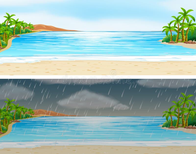 Two scenes of ocean on sunny and rainy days