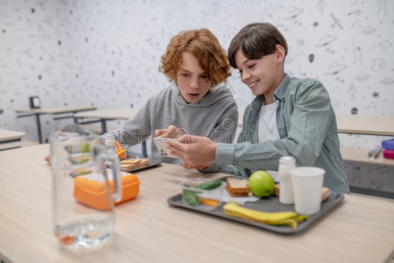 Two School Boys Having Lunch in a School Canteen Stock Image Image of