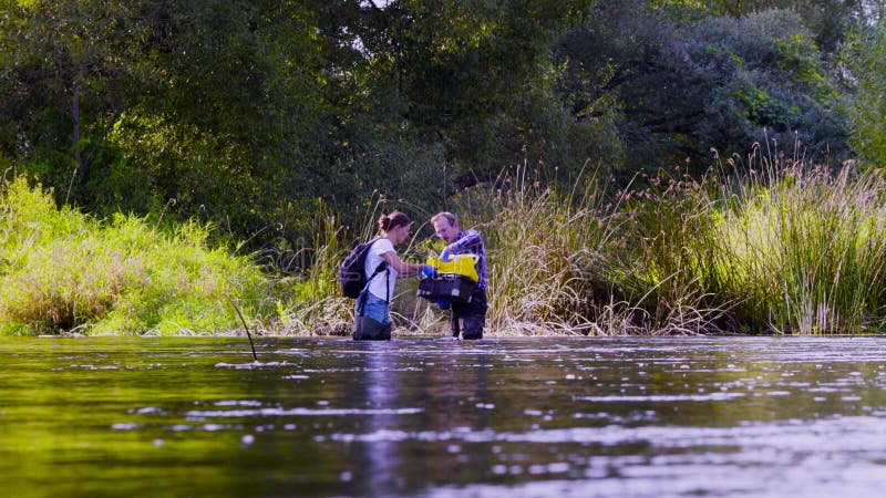 Two scientists ecologists in high rubber boots standing in the water of the forest river