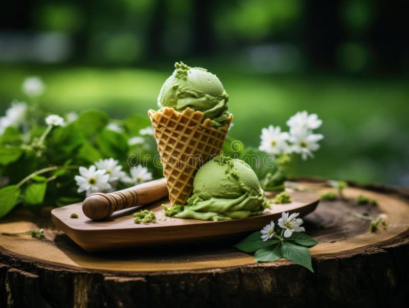 Two Scoops of Matcha Green Tea Ice Cream in a Waffle Cone, AI Stock