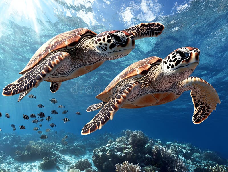 Two sea turtles swimming in the ocean royalty free stock image