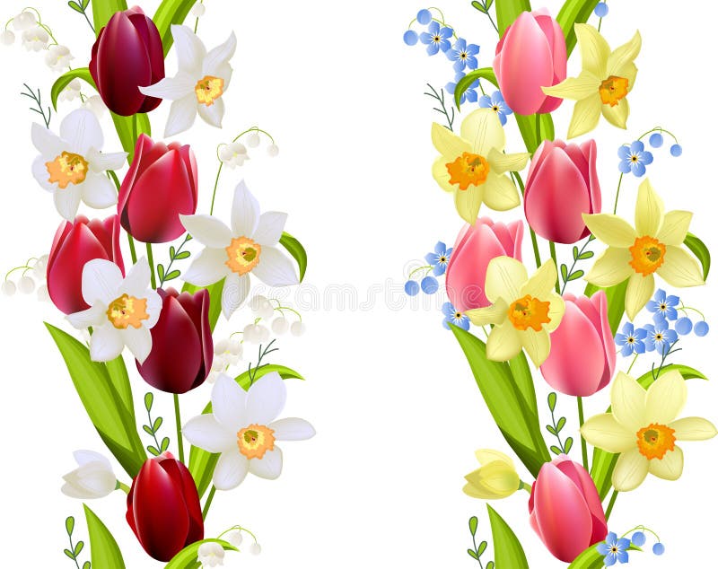 Two seamless borders with spring flowers