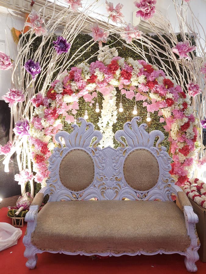 Two Seated Reception Sofa with Flowers Decoration Stock Photo Image