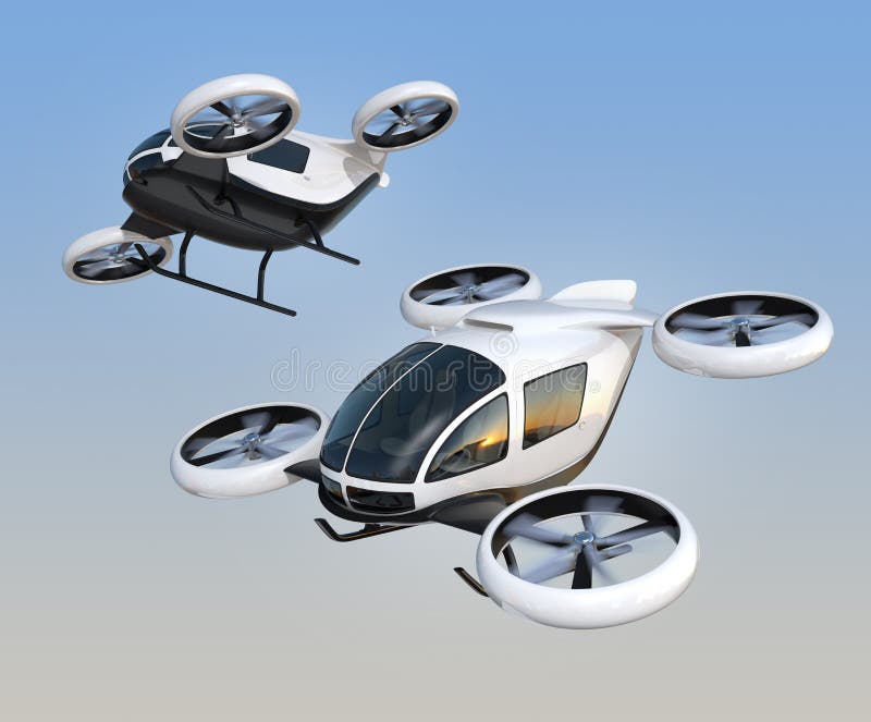 Two self-driving passenger drones flying in the sky vector illustration