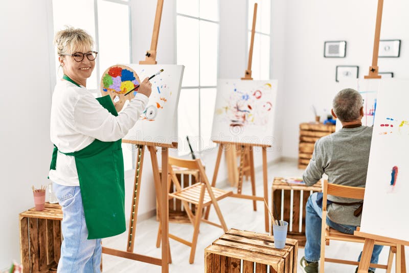 Two Senior Paint Student Smiling Happy Painting at Art Studio Stock Photo Image of leisure