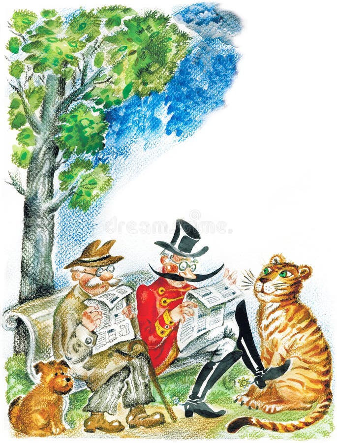 Two senior men reading newspapers on a park bench, their pets: dog and tiger resting near. Two senior men reading newspapers on a park bench, their pets: dog and tiger resting near.