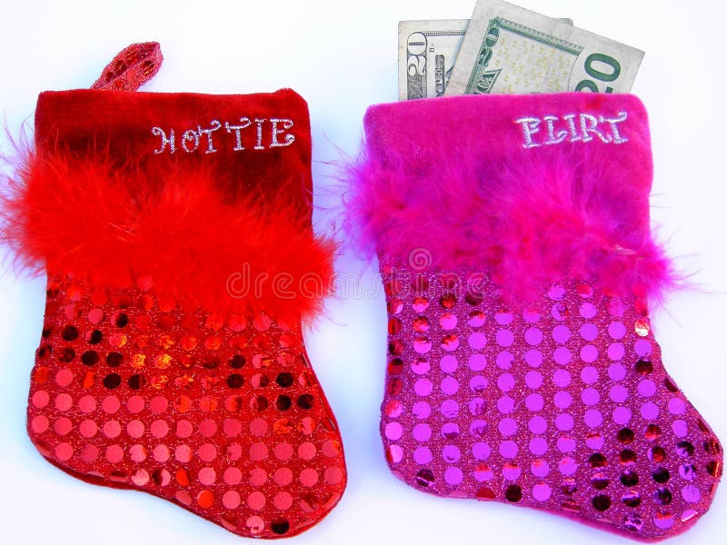 Two sequined and feathered flirt and hottie christmas stockings