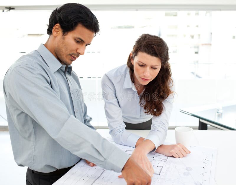 Download Two Serious Architects Looking At Blueprints Stock Photo - Image of hispanic, meeting: 17279156