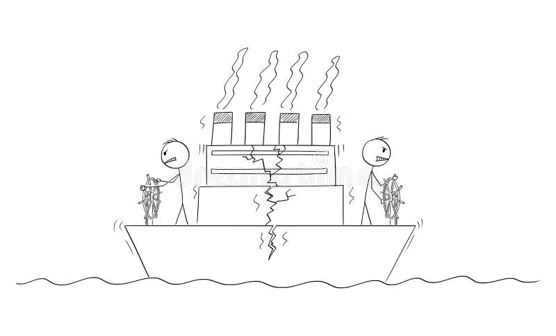 Two Ship Captains or Steersmen Are Steering Ship in Opposite Directions, Boat is Cracking. Vector Cartoon Stick Figure