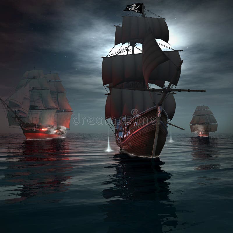 Two Ship Sailing after a Pirate Ship Stock Illustration Illustration