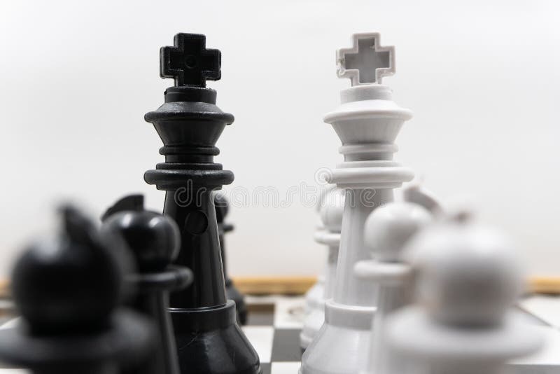 Two sides of chess pieces with black kings and white kings and their pawns facing each other. There is a white background for