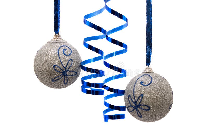 Two silver christmas balls with curly ribbon