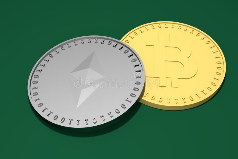 Two silver coins with the symbol of the Ethereum, Etherium above and a gold one with the Bitcoin symbol below on a green backgroun vector illustration