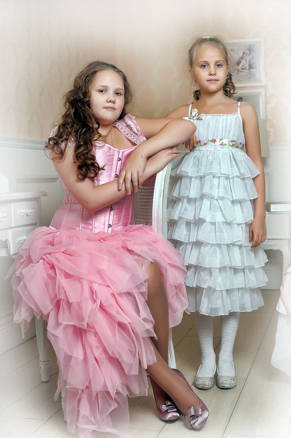 Two Sisters in Elegant Dresses Stock Image Image of background, funny