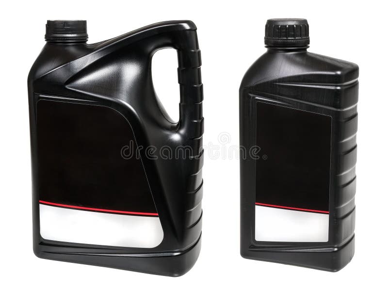 Two Sizes of Black Plastic Containers with Stickers Isolated on White