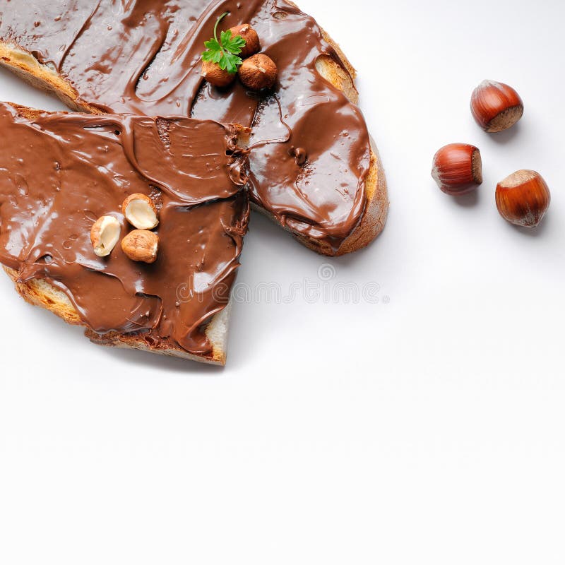 Two slices of bread with chocolate cream and hazelnuts square