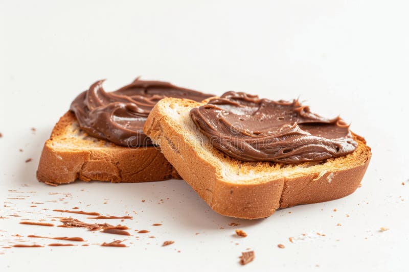 Two slices of bread with chocolate spread on a white background. AIG51A