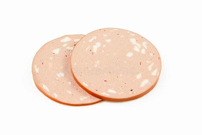 Two Slices of Chicken Mortadella Isolated on White Background Stock