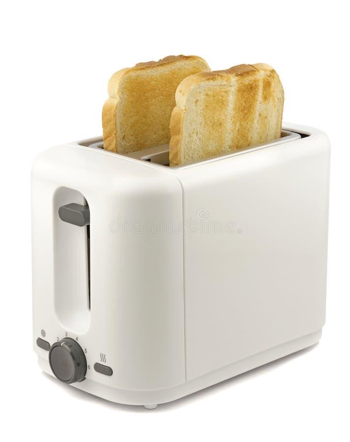 Two slices of golden brown toast in an electrical toaster royalty free stock image