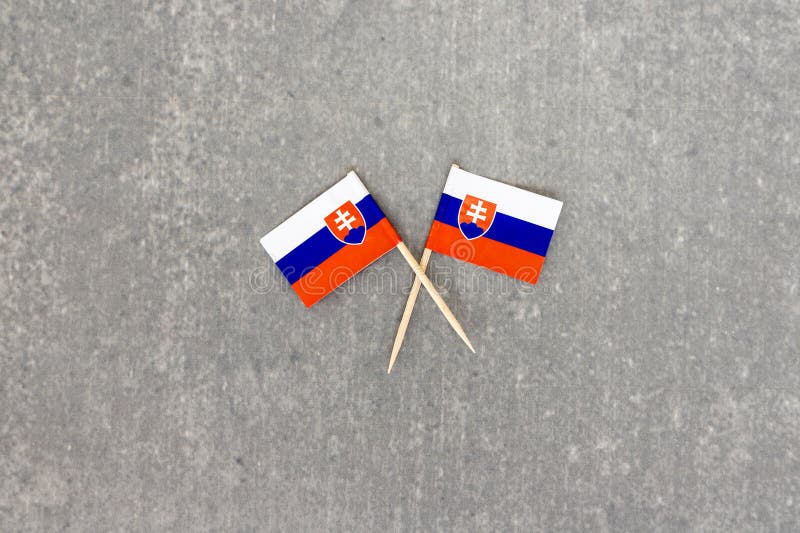 Two Slovakia Toothpick Flags Crossed on Gray Surface royalty free stock photo