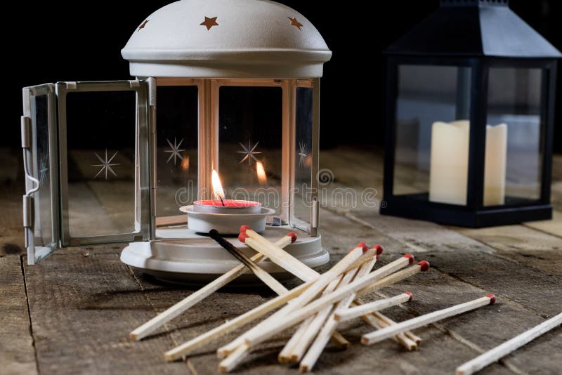 Two Small Lanterns On A Wooden Table. Candle In Old Latarence. W Stock Image Image of iftar