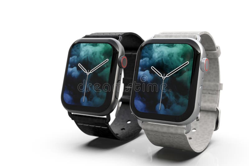 2 smartwatches - Apple Watch 4, silver and gray, on white stock image 2 smartwatches - Apple Watch 4, silver and gray, on white stock image
