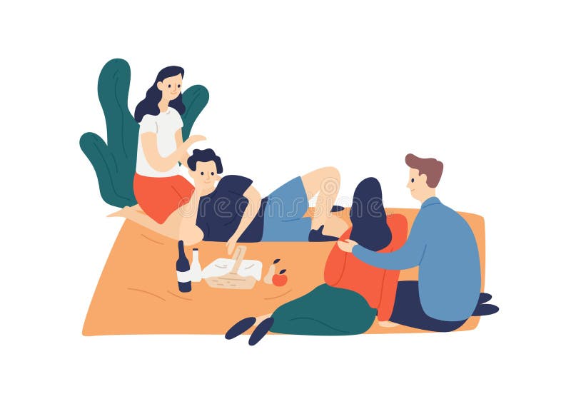 Two smiling couple enjoying outdoor picnic vector flat illustration. Happy young friends relaxing, talking isolated on royalty free illustration Two smiling couple enjoying outdoor picnic vector flat illustration. Happy young friends relaxing, talking isolated on royalty free illustration