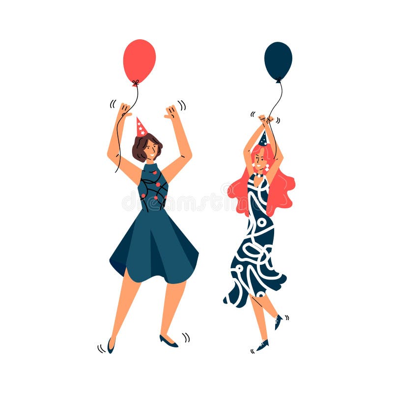 Two smiling girls in festive birthday hats cartoon characters, sketch vector illustration isolated on white background. Cheerful women dancing with balloons. Two smiling girls in festive birthday hats cartoon characters, sketch vector illustration isolated on white background. Cheerful women dancing with balloons.