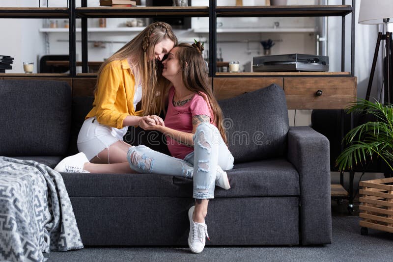 Two Smiling Lesbians On Sofa In Cozy Living Room Stock Image Image Of Home Room 214907823