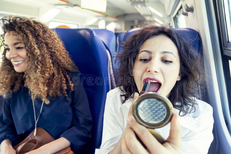 Two Smiling Lovely Girls While They Makeup Stock Image Image Of