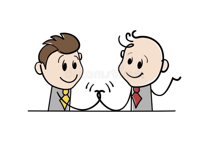 Two Smiling Men Holding Each Other Hands. Cartoon Stick Figure Drawing