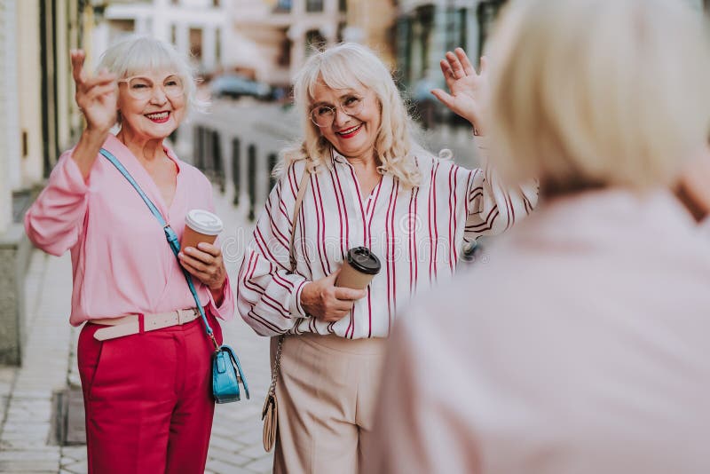 Two Smiling Old Ladies Meeting Their Friend Stock Photo - Image of ...