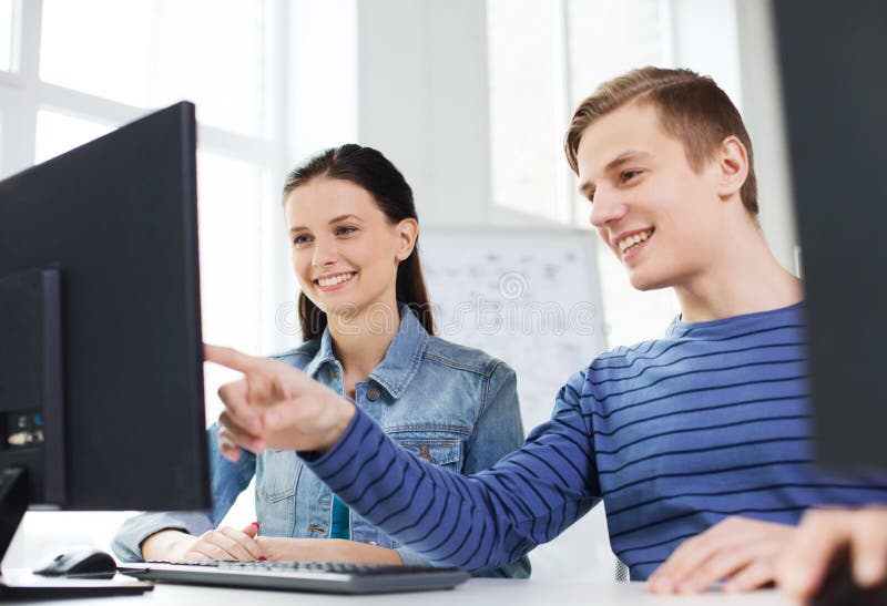 Two smiling students having discussion stock images