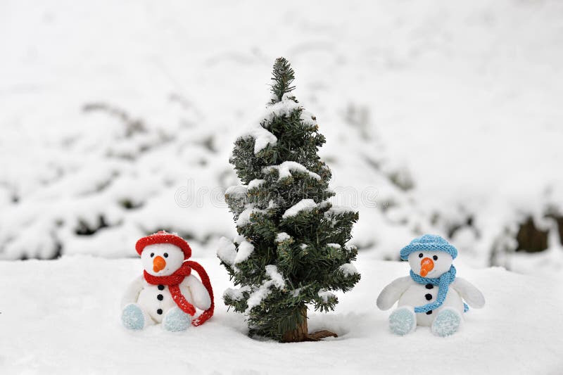 Two snowman sitting next to a pine tree royalty free stock photo