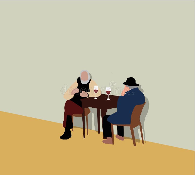 Two spending time on the cafe summer talking and drinking wine. The concept of active old age. Flat vector characters.